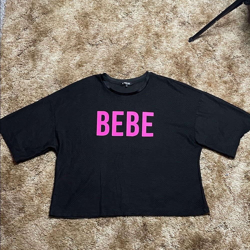 BEBE‎ Black Sheer Cropped Short Sleeve Tee Shirt Size XL